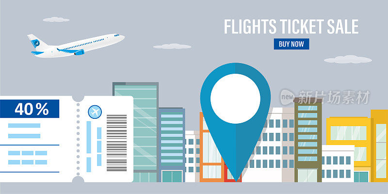 Flights ticket sale, landing page. Sale of air tickets with large discount. Boarding pass, plane take off. City landscape, trip destination with huge pointer. Promo tariff,